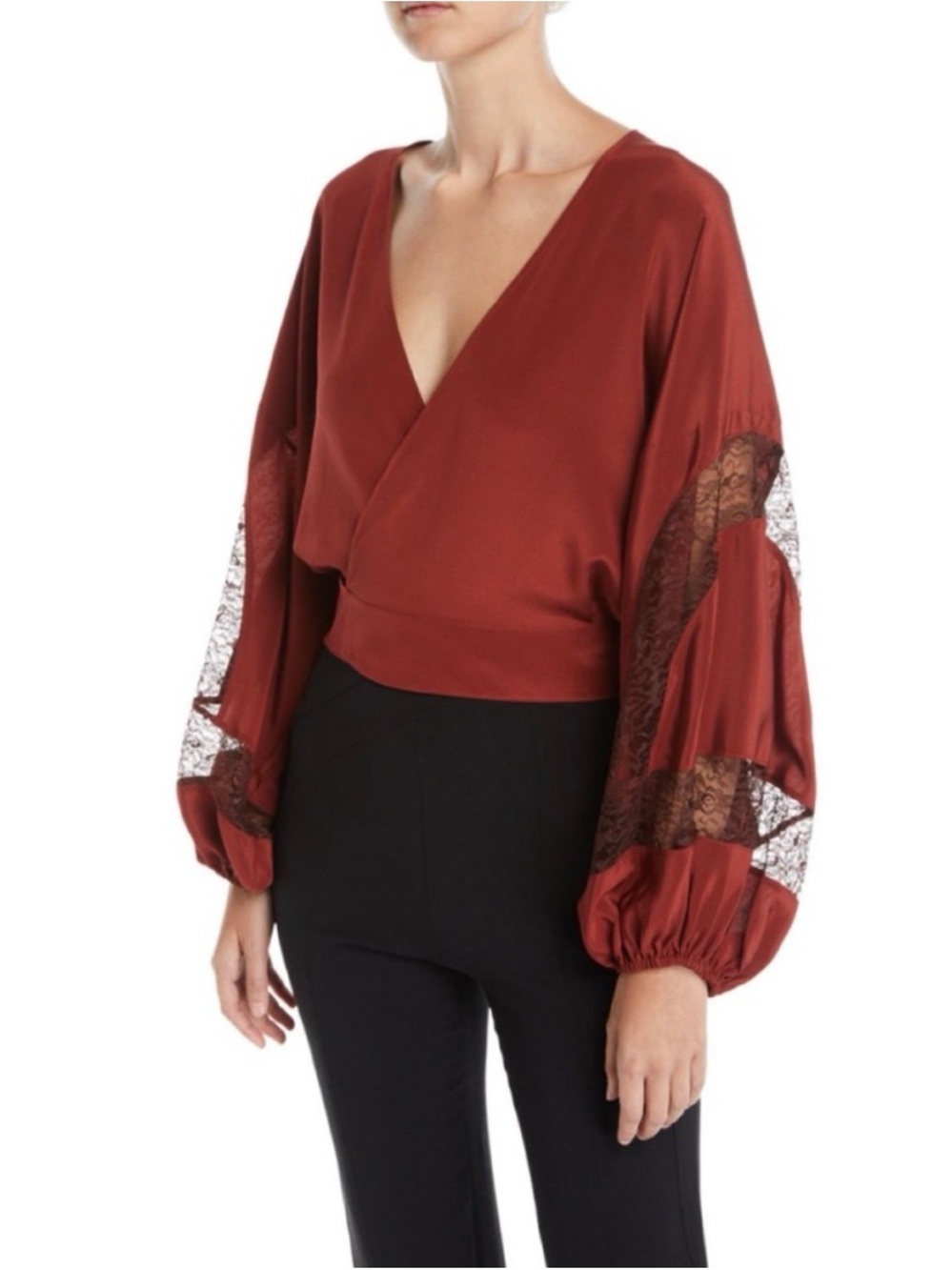 Elizabeth and James Brick Red V-Neck Lace-Inset Balloon Sleeve Top